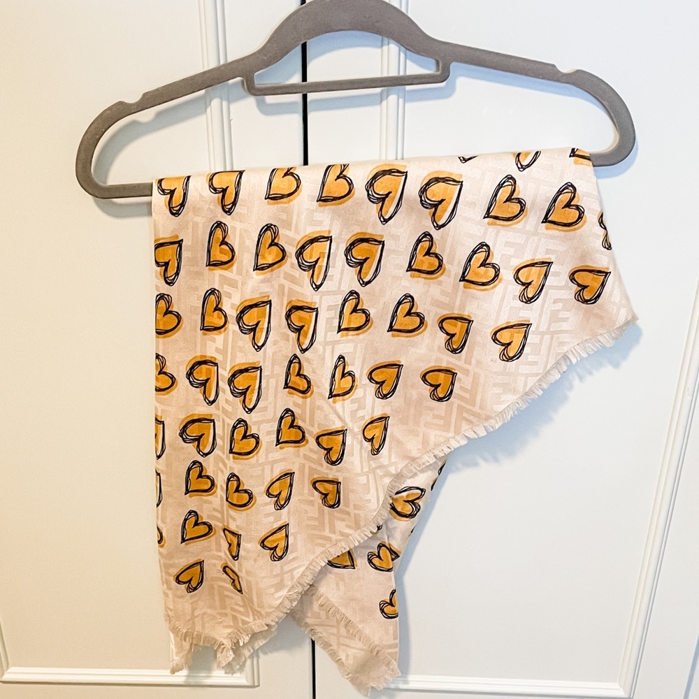 Fendi silk scarf with yellow fur flowers.